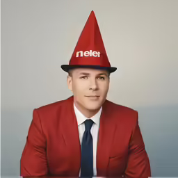 a man in a red suit is wearing a hat