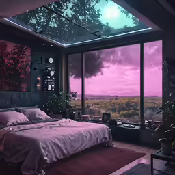 a large bed in a room under a sky light