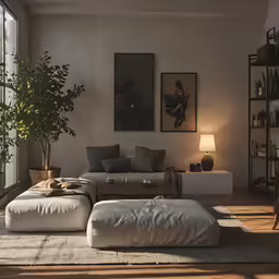 a living room with a large couch, chair, ottoman and table
