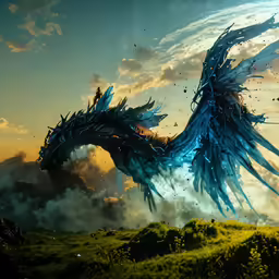 a large dragon is flying through the sky
