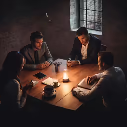 three people sitting at a table using an electronic tablet