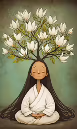 the illustration is made with a girl sitting under a tree