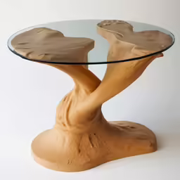 a table made of wood and glass on a white surface