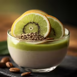 a green smoothie is garnished with a piece of kiwi