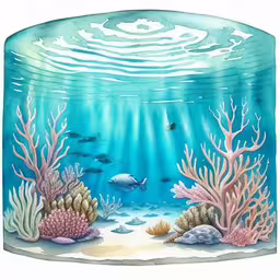 an aquarium has some corals and fish swimming through it,a water scene with an underwater and coral scene,the underwater scene with corals, fish and bubbles,an image of underwater scene with a fish,there is a fish in the water, and some corals and bubbles