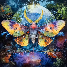 a butterfly in the air next to a full moon