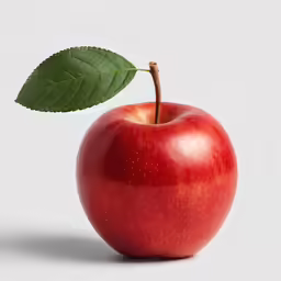 an apple with a leaf is placed on a white background