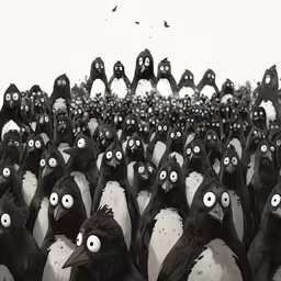 several penguins are standing in front of each other