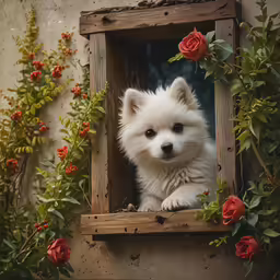 white dog in window surrounded by flower bush