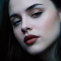 a model with long dark hair and red lipstick