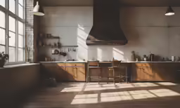the kitchen is clean and well lit by the windows