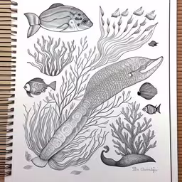 the book is open to an illustration of fish and corals