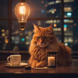 a cat sits next to a tea cup and a light bulb