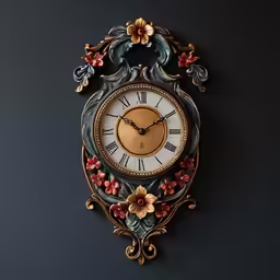 an ornately decorated clock with white and red flowers
