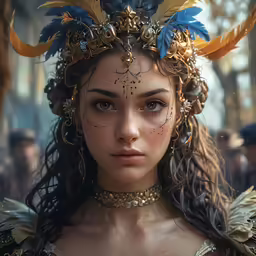 a woman with some big horns and long curly hair
