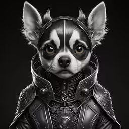a small dog with black and white skin wearing armor