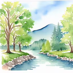 a drawing of watercolor landscape with river and mountain,a painting of trees, mountains and a river,the water is flowing, surrounded by trees,watercolor painting with a stream and trees,watercolor painting of trees, mountains and a river