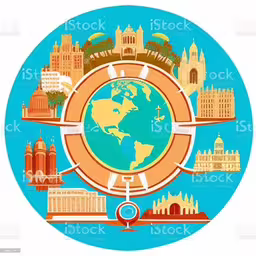 an illustration of a globe surrounded by different buildings,a circular cityscape with an image of the earth
