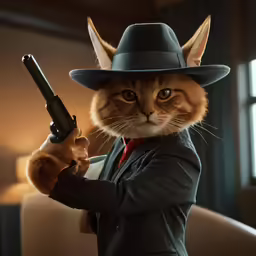 a cat wearing a suit and hat holding a gun
