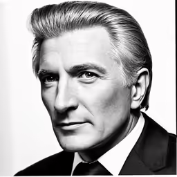 a black and white photo of a man in suit and tie