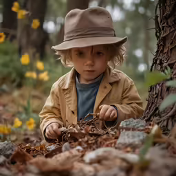 a young boy wearing a tan hat standing next to a tree