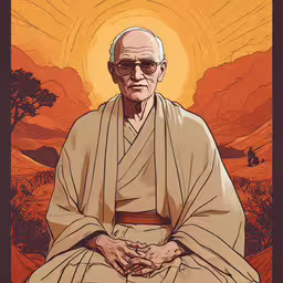 the character luke luke is sitting on a rock,an older person with glasses sitting on the ground
