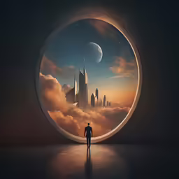 a person standing in front of a window that has city skyline in the clouds