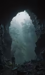 a person standing in front of a large cave entrance