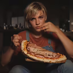 a young person sits holding a piece of pizza