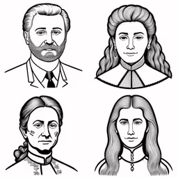 four people in medieval clothing, with three wearing suits,four portraits of people with long hair and beards,four different faces of people with long hair,four portraits of people from different eras,four black and white portraits of the three presidents