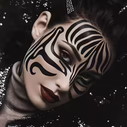 a woman with zebra makeup and black and white body paint