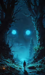 a person standing on a snow covered trail at night