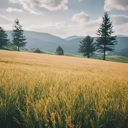 a field of yellow grass next to two trees