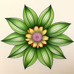 this is an image of a flower with green leaves,colored flower on white background, drawn in pencil