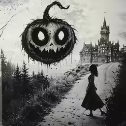 a little girl holding an umbrella in front of a drawing of a pumpkin