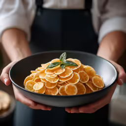 a person wearing a apron holds a black bowl with orange peels