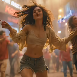 a woman in short shorts is dancing on the street