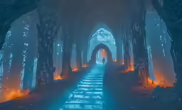a photo of a dark cathedral with lights in the darkness