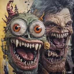 two scary heads with teeth and blood on them