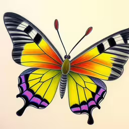 a drawing of a colorful butterfly is shown,drawing of colorful butterfly on white paper,a butterfly with multi colored wings is shown,a colorful butterfly with very long wings,drawing of a butterfly