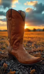 a pair of cowboy boots sitting on the ground at sunset