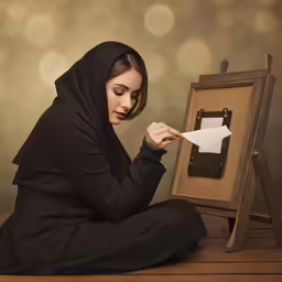 a girl in a hooded sweat coat looking at an object