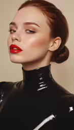 a woman wearing black with bright red lips
