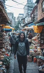 a young man wearing a hooded sweatshirt walks on the pavement at an outdoor market