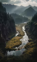 an amazing mountain stream cuts through the grass land