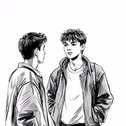 two men looking at each other while they are standing