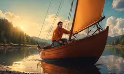 a man is sitting in the front of a boat on a body of water,man sitting on the deck of a boat in the water
