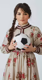woman in a dress holding a soccer ball