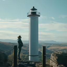 a person that is standing near a tall white lighthouse