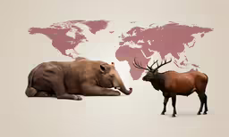 two animals sitting next to each other in front of a world map